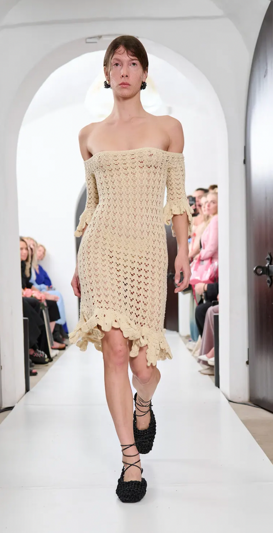 BEIGE CROCHET DRESS WITH HANDMADE RUFFLES