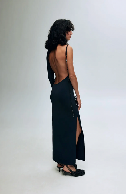 BLACK KNITTED OPEN-BACK DRESS