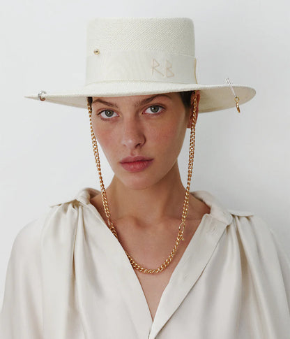 CHAIN STRAP STRAW GAMBLER HAT