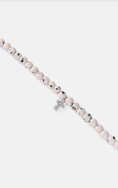 DALMATIAN JADE CHOKER BIG CROSS WHITE GOLD