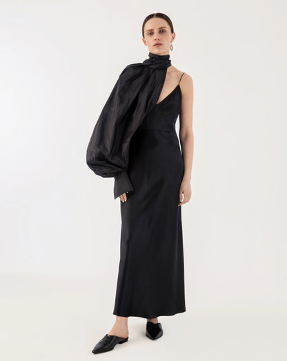 DECORATIVE ONE SHOULDER TAFFETA SLEEVE