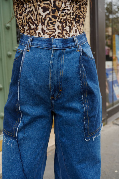 REWORKED BLUE JEANS WITH CONTRASTED POCKETS