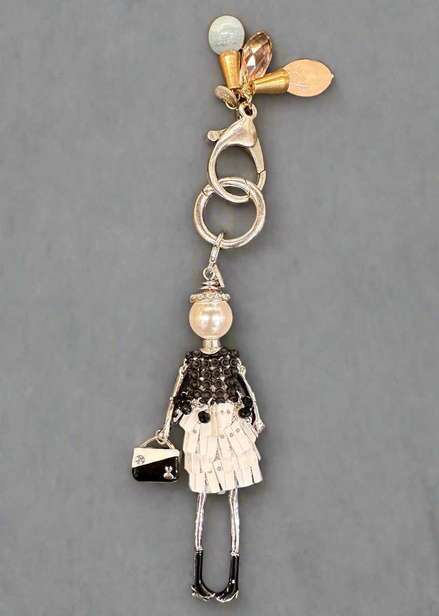 JEWELLERY BAG CHARM - A GIRL IN A BLACK TOP WITH WHITE SKIRT