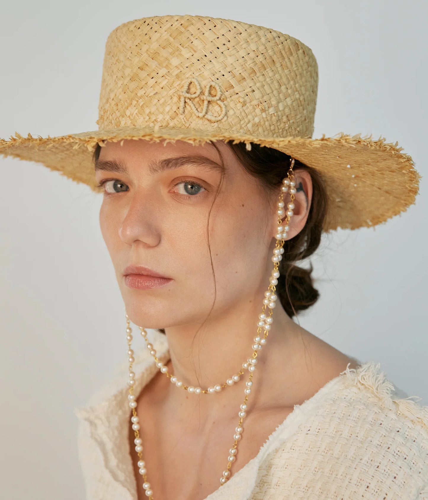 PEARL CHAIN FRAYED-BRIM CANOTIER HAT