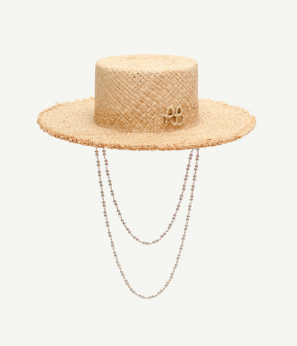 PEARL CHAIN FRAYED-BRIM CANOTIER HAT