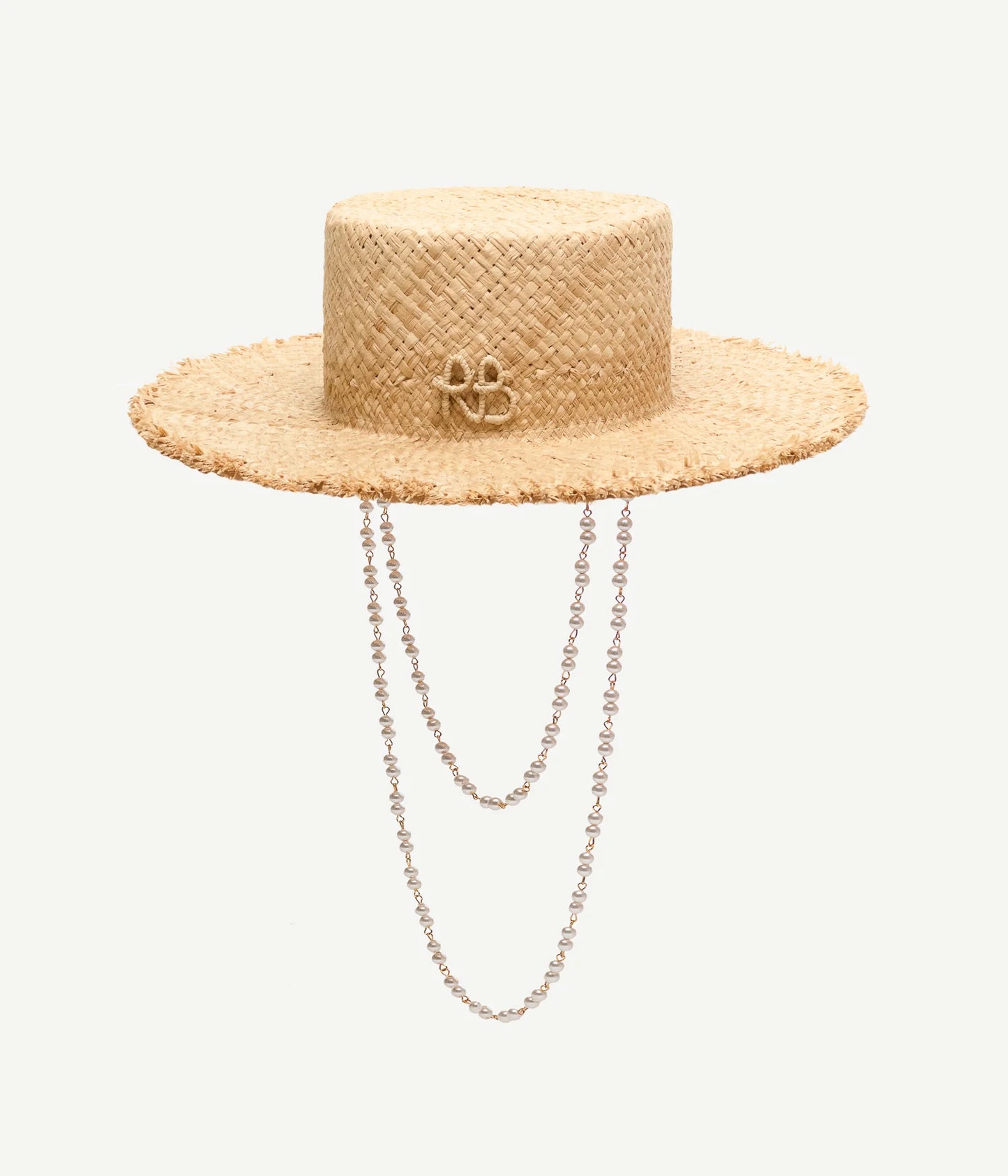 PEARL CHAIN FRAYED-BRIM CANOTIER HAT