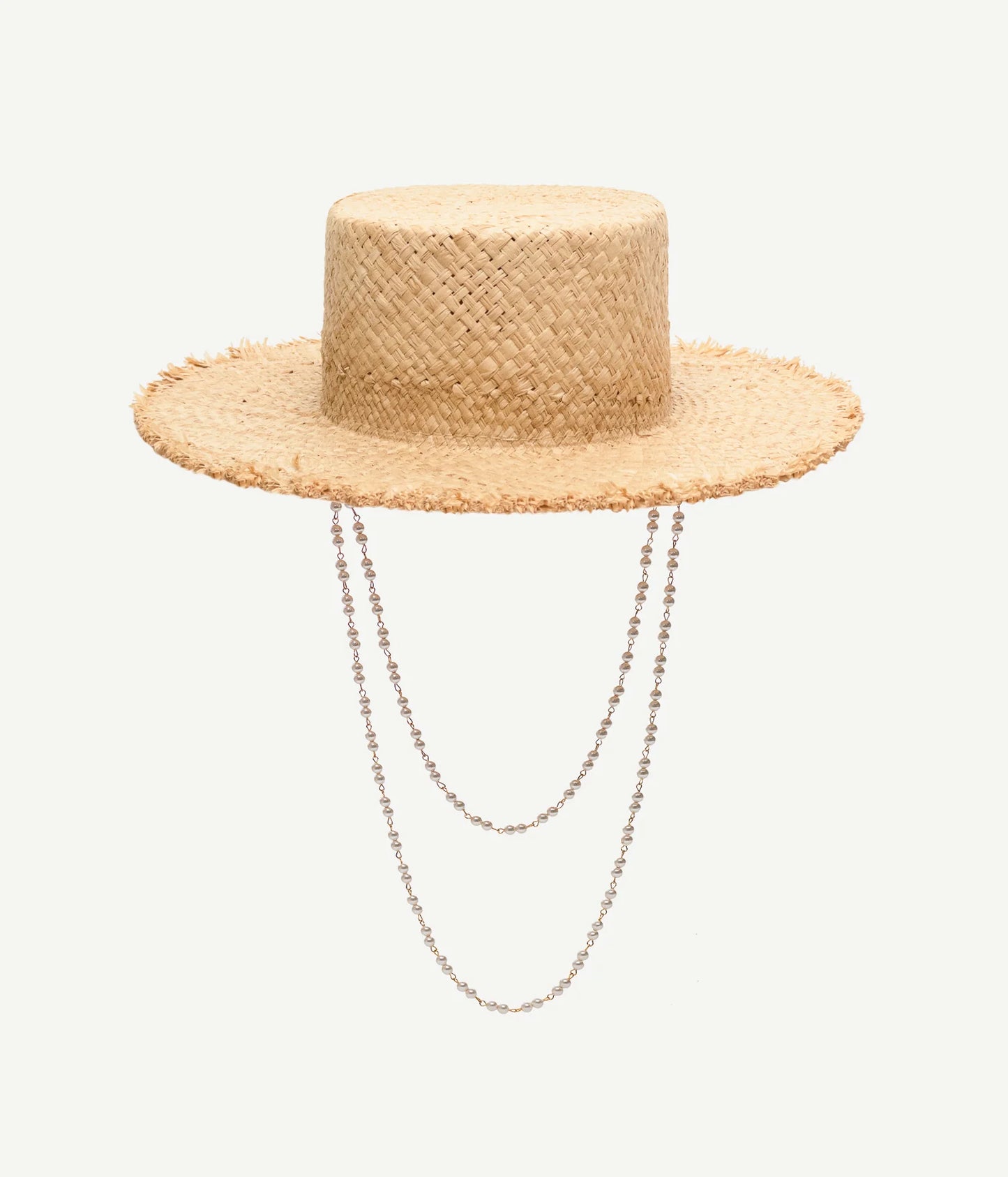 PEARL CHAIN FRAYED-BRIM CANOTIER HAT