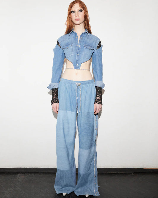 REDESIGNED DENIM TROUSERS WITH CRYSTAL EMBROIDERY