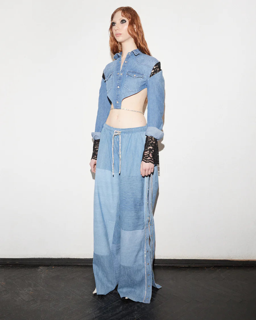 REDESIGNED DENIM TROUSERS WITH CRYSTAL EMBROIDERY